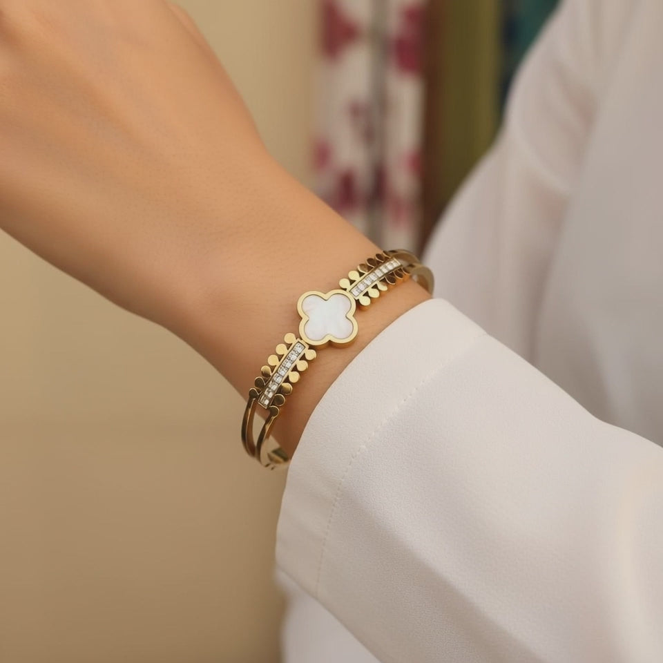 Clover Charm Crystal Cuff Bracelet - 14K Gold Plated | Just A Girl