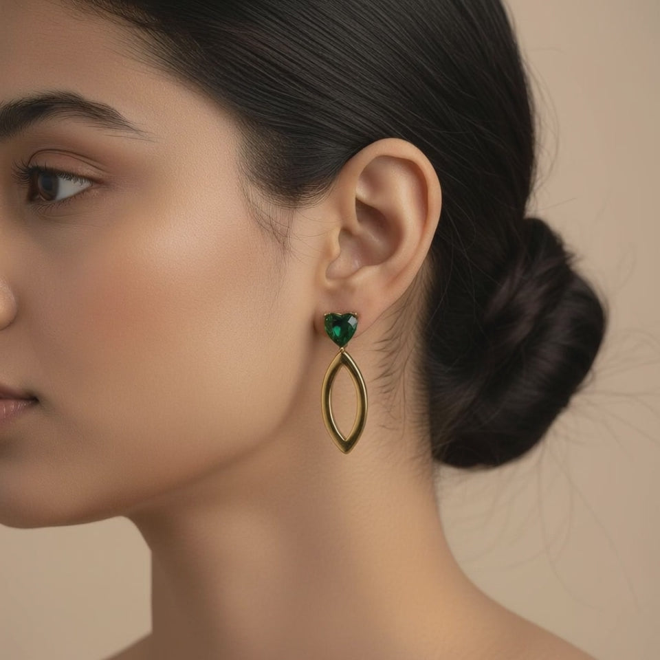 Evergold Emerald Heart Drop Earrings – 14K Gold Plated | Just A Girl