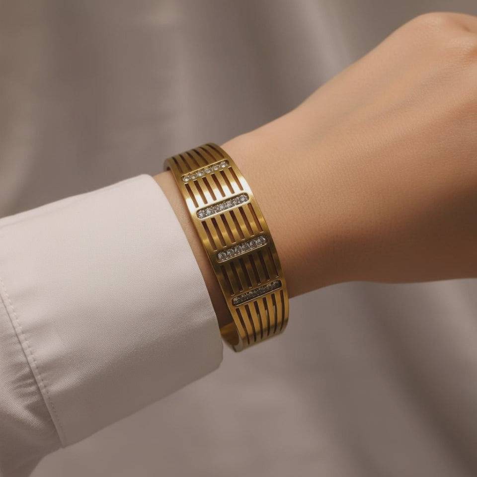Metro Grid Crystal Cuff Bracelet - 14K Gold Plated | Just A Girl