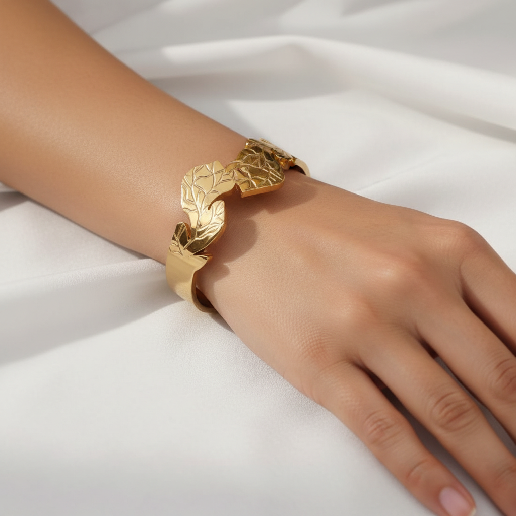 Leaf Texture Cuff Bracelet - 14K Gold Plated | Just A Girl