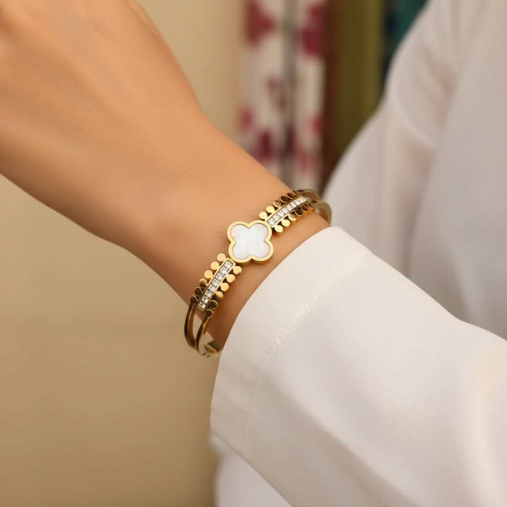 Clover Charm Crystal Cuff Bracelet - 14K Gold Plated | Just A Girl