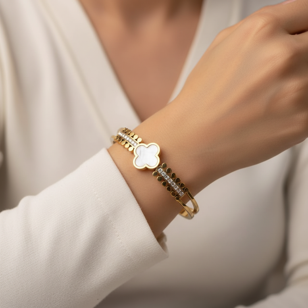 Clover Charm Crystal Cuff Bracelet - 14K Gold Plated | Just A Girl