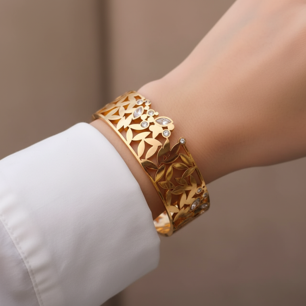 Floral Filigree Cuff Bracelet with Crystals - 14K Gold | Just A Girl