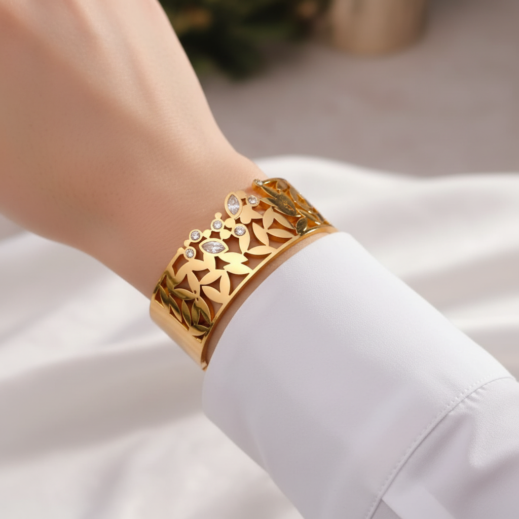 Floral Filigree Cuff Bracelet with Crystals - 14K Gold | Just A Girl