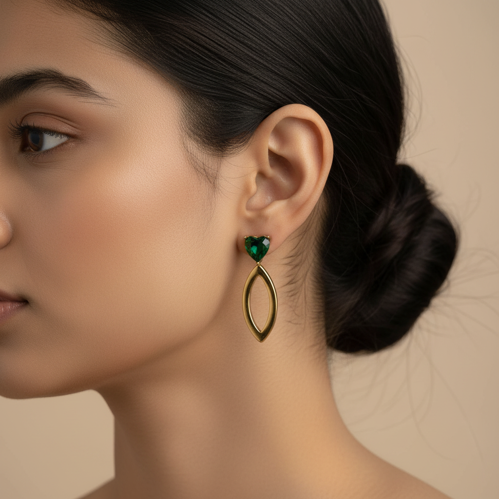 Evergold Emerald Heart Drop Earrings – 14K Gold Plated | Just A Girl