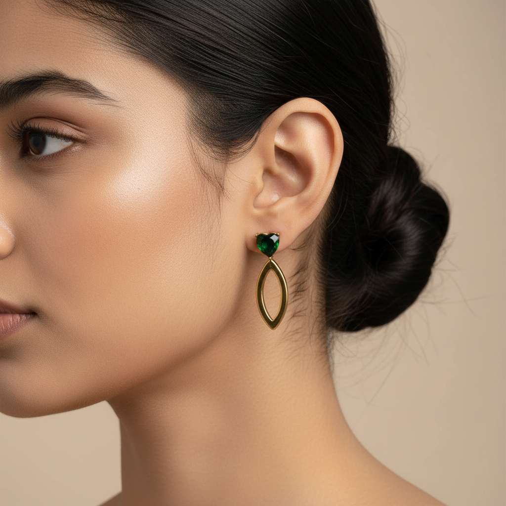 Evergold Emerald Heart Drop Earrings – 14K Gold Plated | Just A Girl