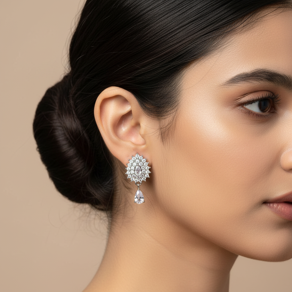 Evergold Dewdrop Halo Drops – White Gold Plated | Just A Girl