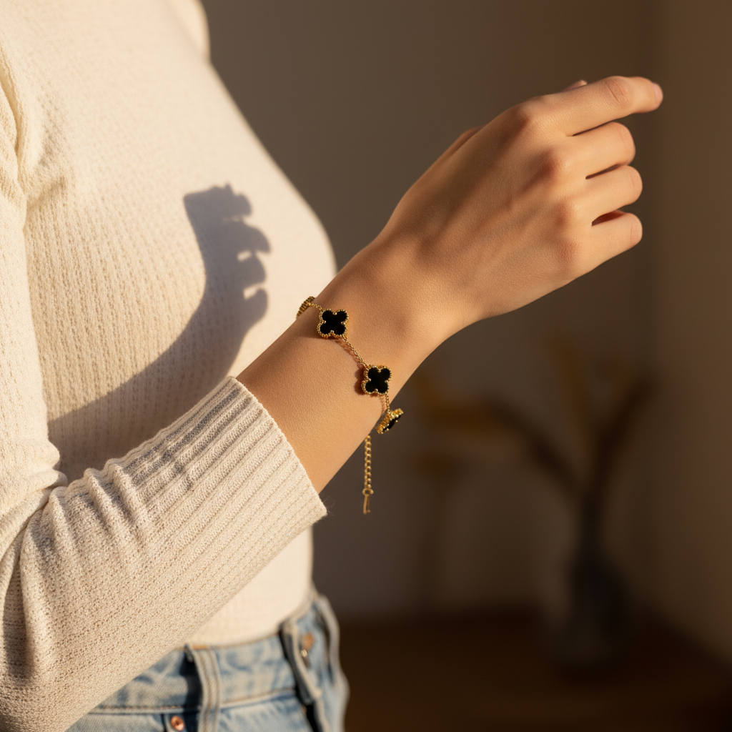 EverGold Noir Clover Charm Bracelet - 14K Gold Plated | Just A Girl