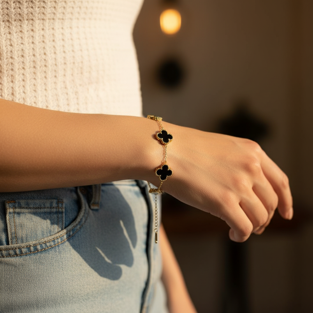 EverGold Noir Clover Charm Bracelet - 14K Gold Plated | Just A Girl