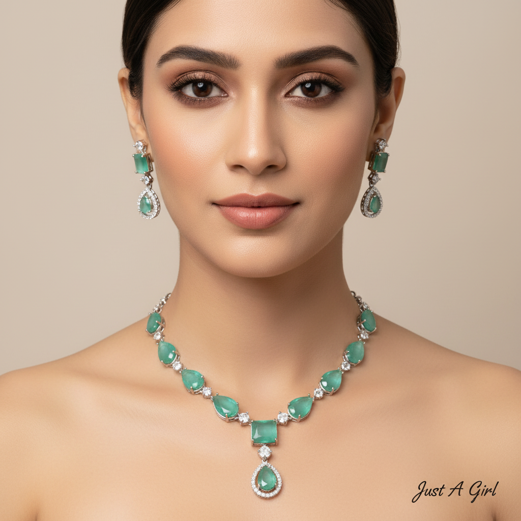 Celeste Emerald Mirage American Diamond Necklace Set | Just A Girl