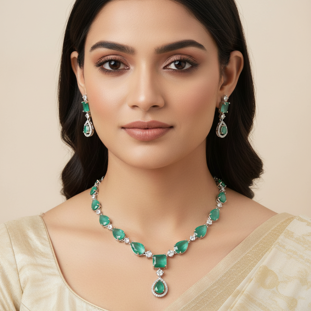 Celeste Emerald Mirage American Diamond Necklace Set | Just A Girl