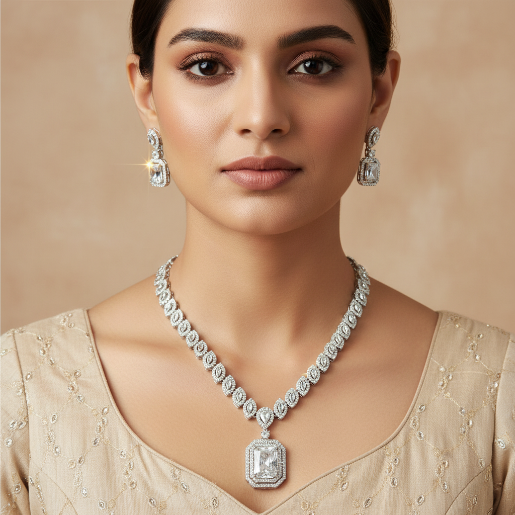 Celeste Halo Royale American Diamond Necklace Set – Just A Girl