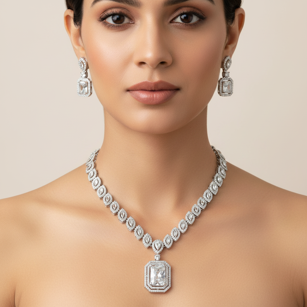 Celeste Halo Royale American Diamond Necklace Set – Just A Girl