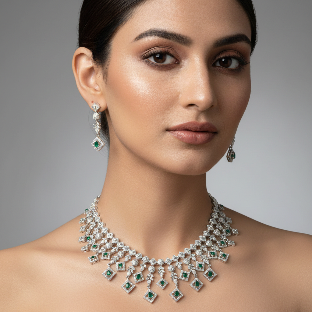Celeste Emerald Cascade American Diamond Necklace Set – Just A Girl