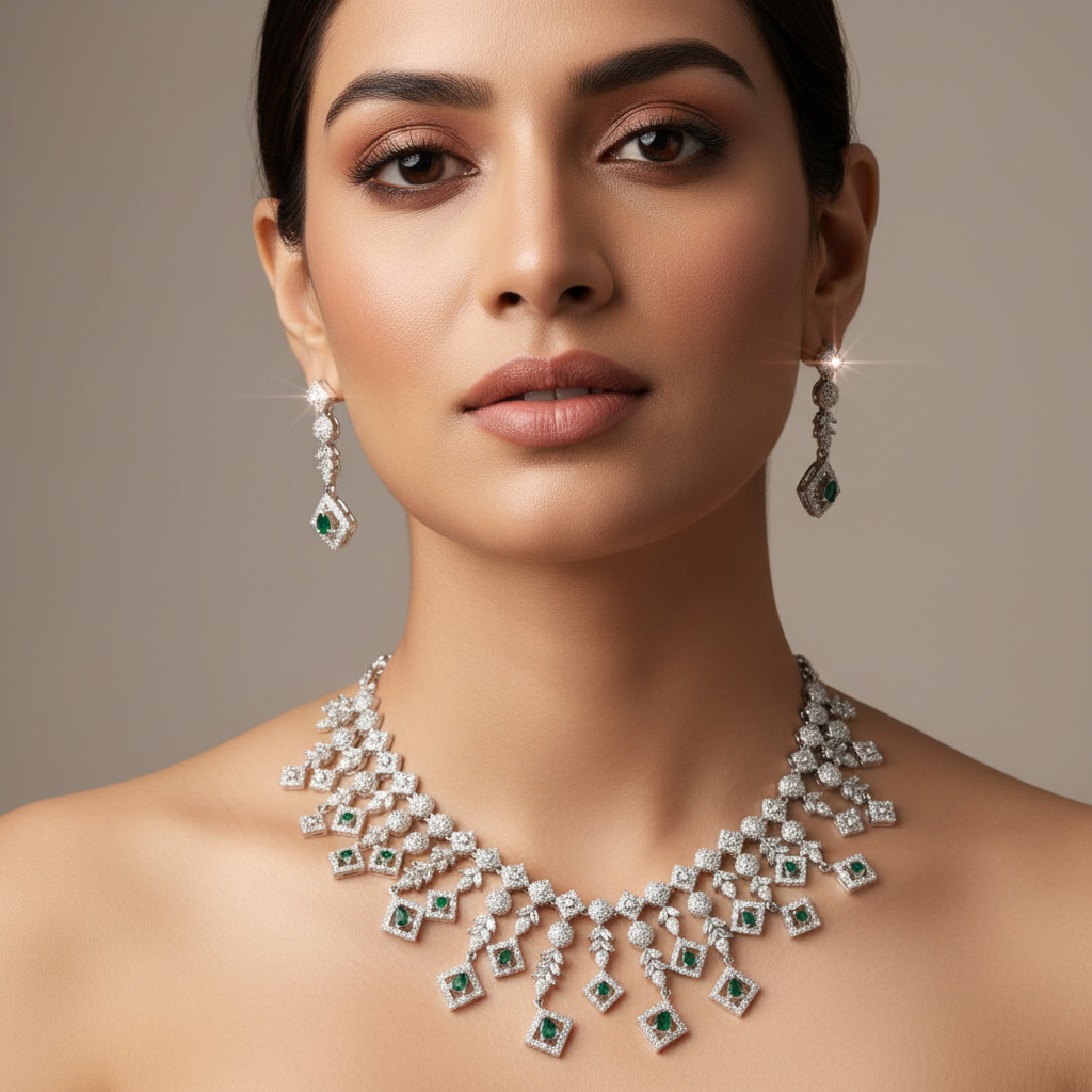 Celeste Emerald Cascade American Diamond Necklace Set – Just A Girl