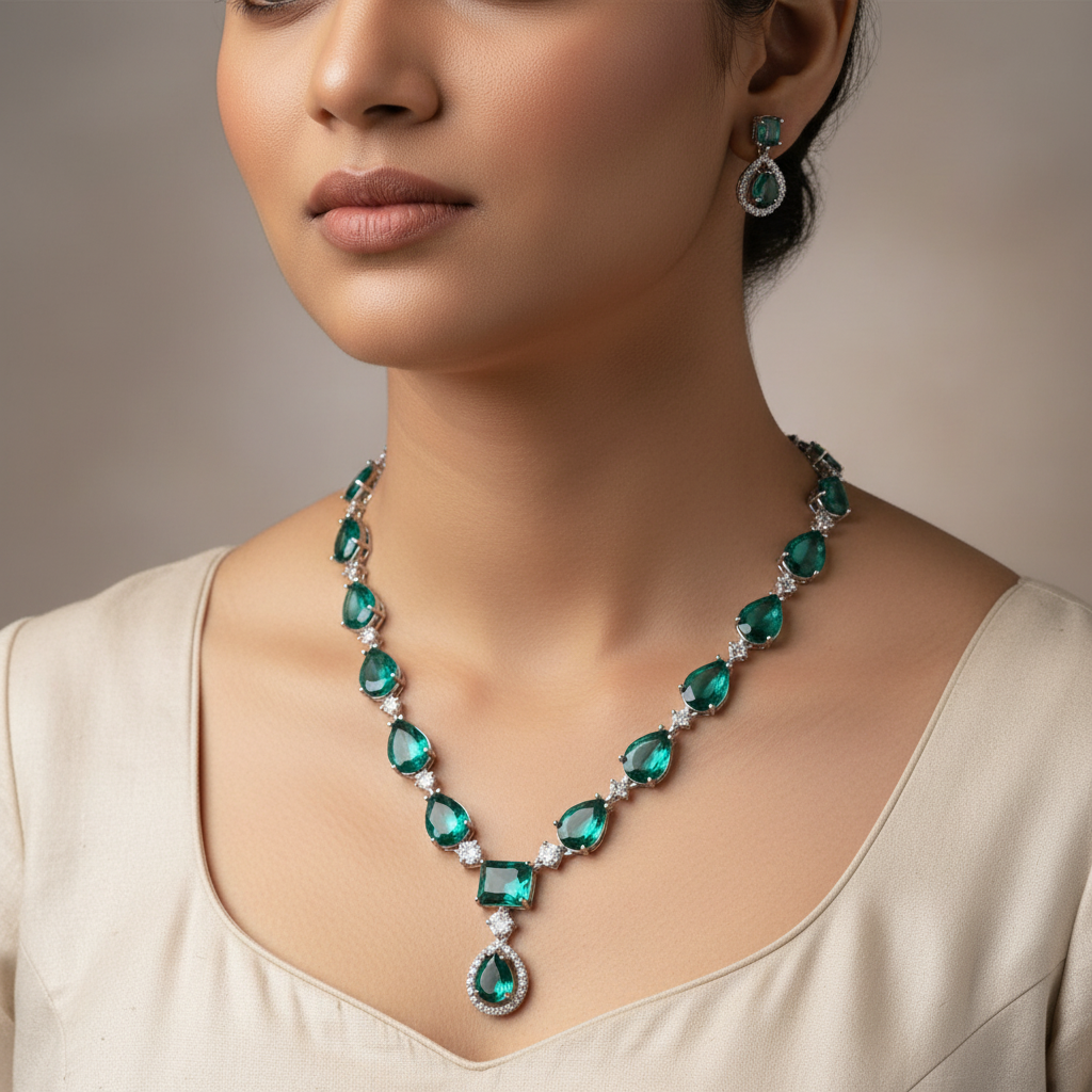 Celeste Emerald Glow American Diamond Necklace Set – Just A Girl