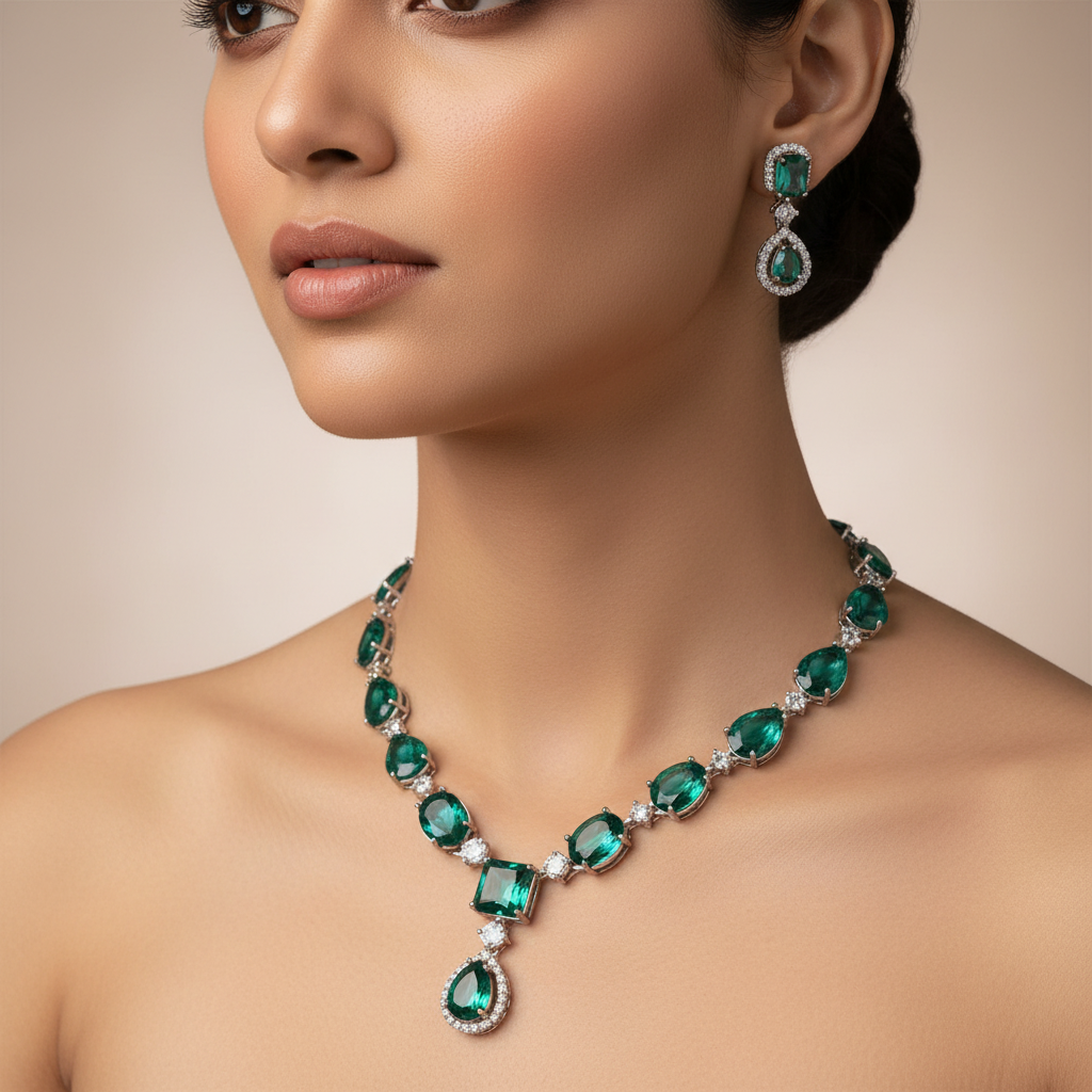 Celeste Emerald Glow American Diamond Necklace Set – Just A Girl