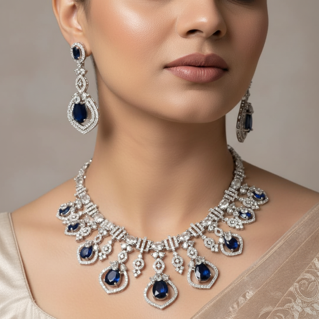 Celeste Sapphire Opera American Diamond Necklace Set – Just A Girl
