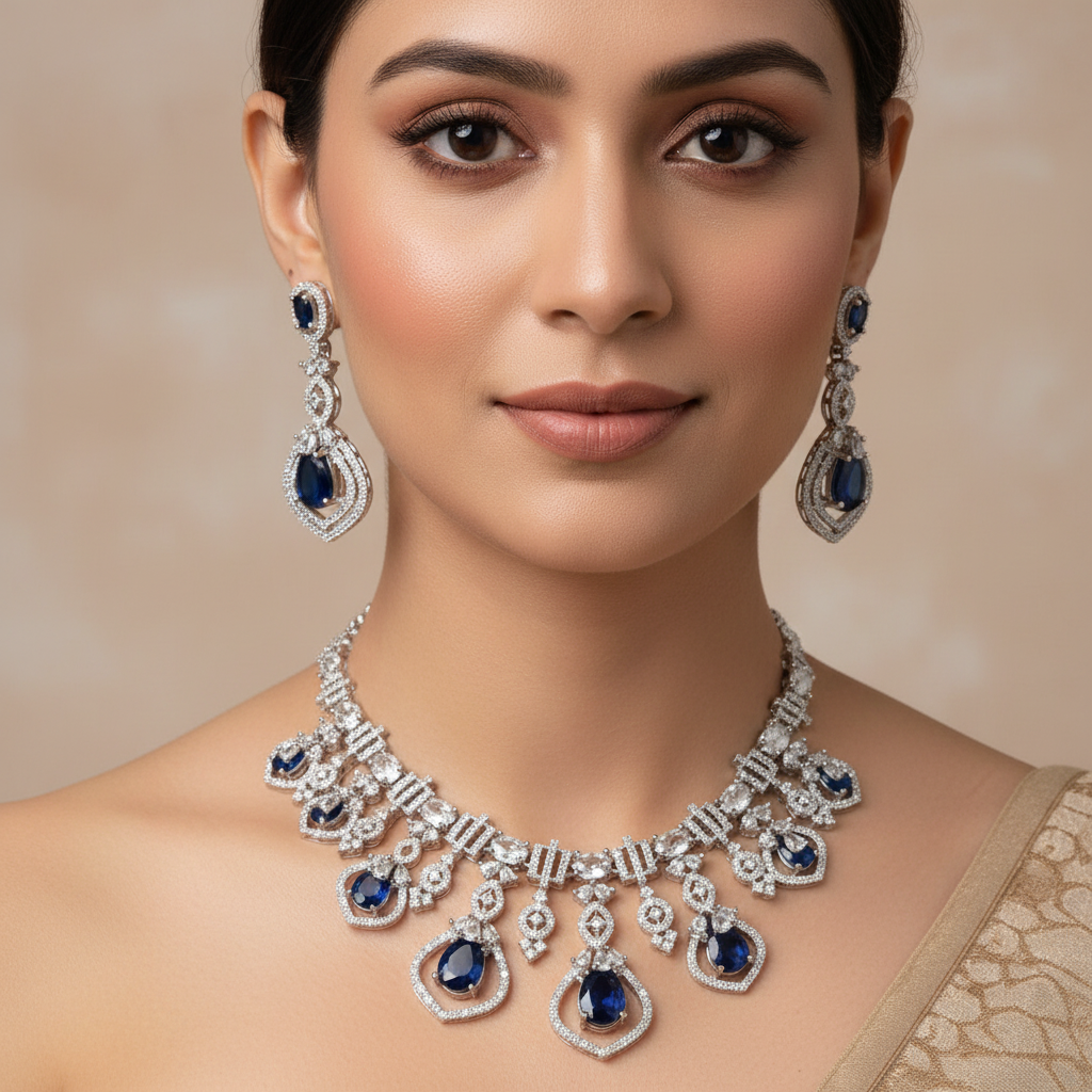 Celeste Sapphire Opera American Diamond Necklace Set – Just A Girl