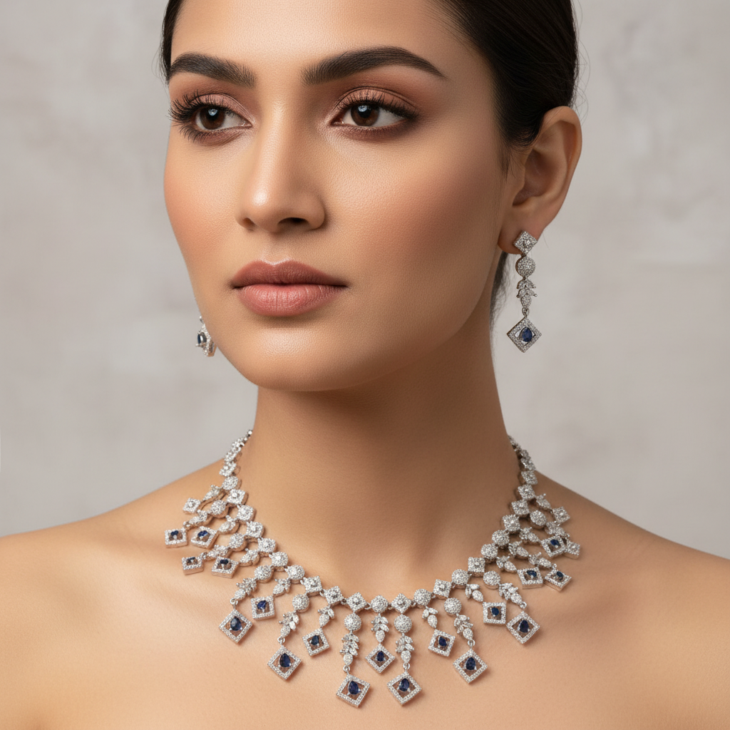 Celeste Midnight Shimmer American Diamond Necklace Set – Just A Girl