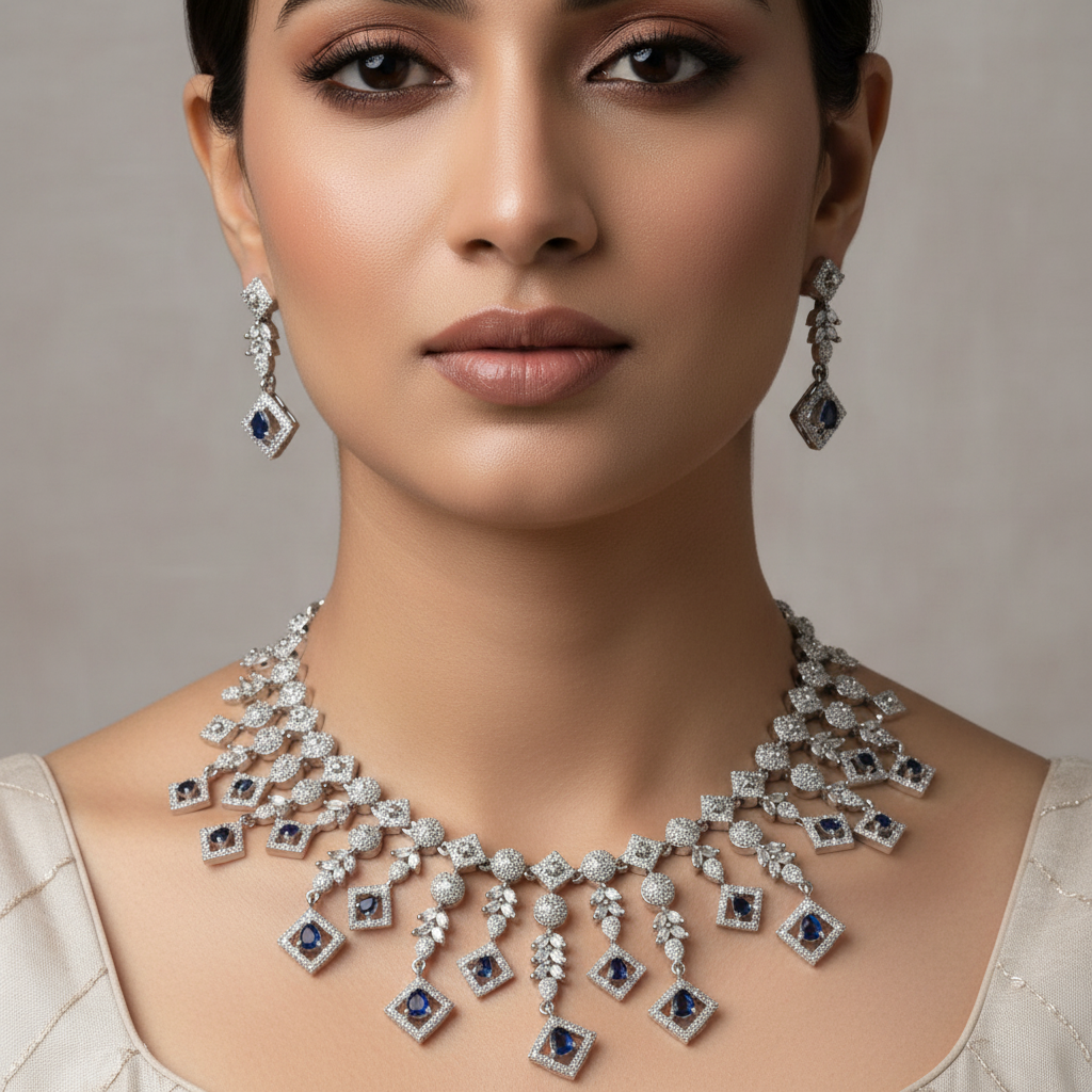 Celeste Midnight Shimmer American Diamond Necklace Set – Just A Girl