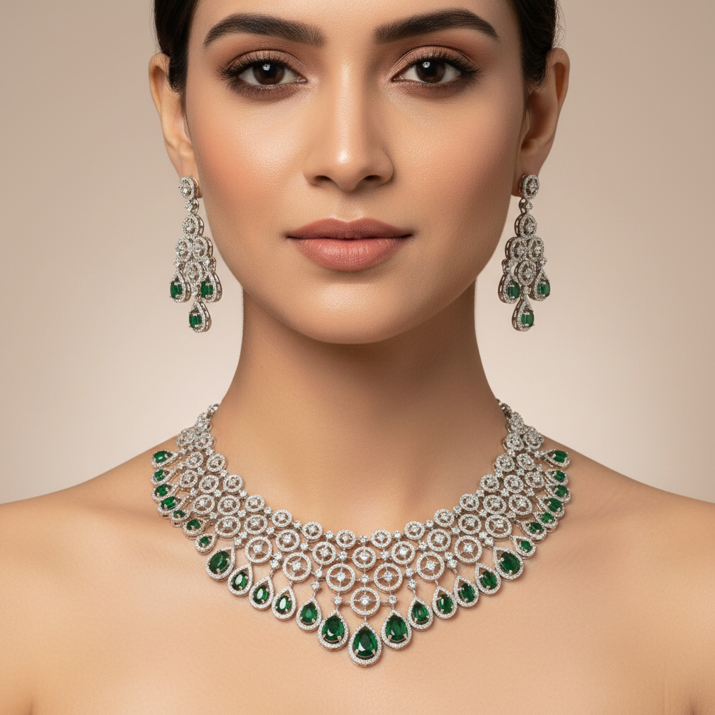 Celeste Emerald Aurora American Diamond Necklace Set – Just A Girl