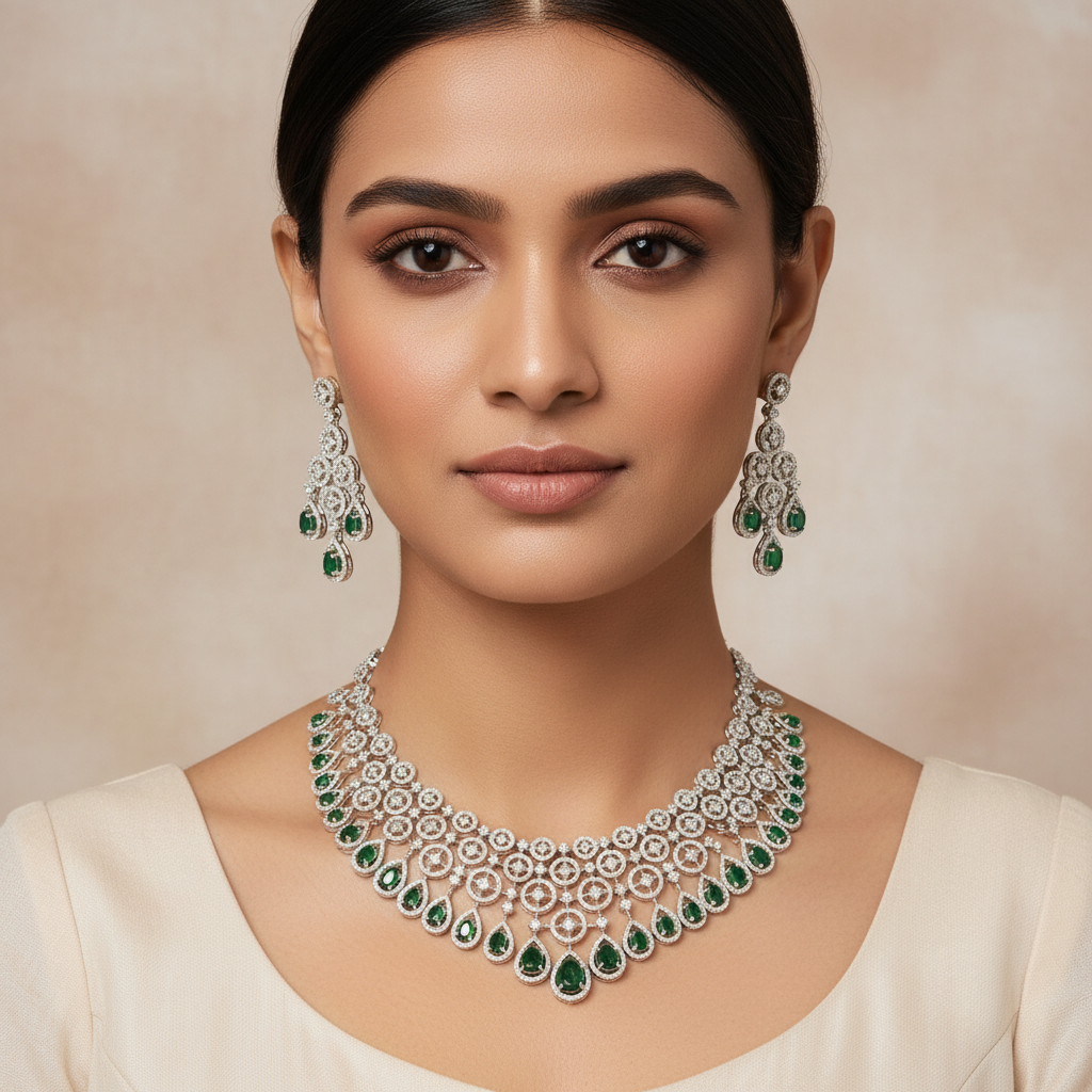 Celeste Emerald Aurora American Diamond Necklace Set – Just A Girl