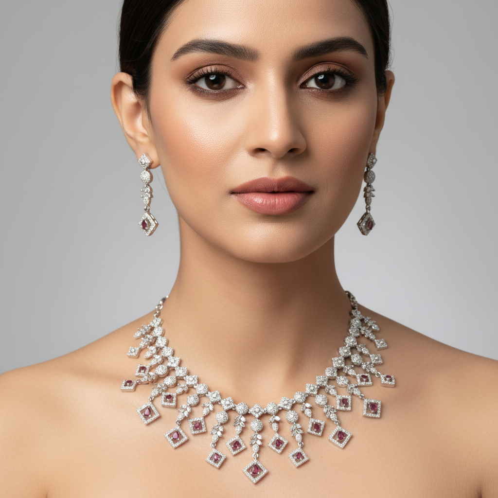 Celeste Ruby Rhapsody American Diamond Necklace Set – Just A Girl