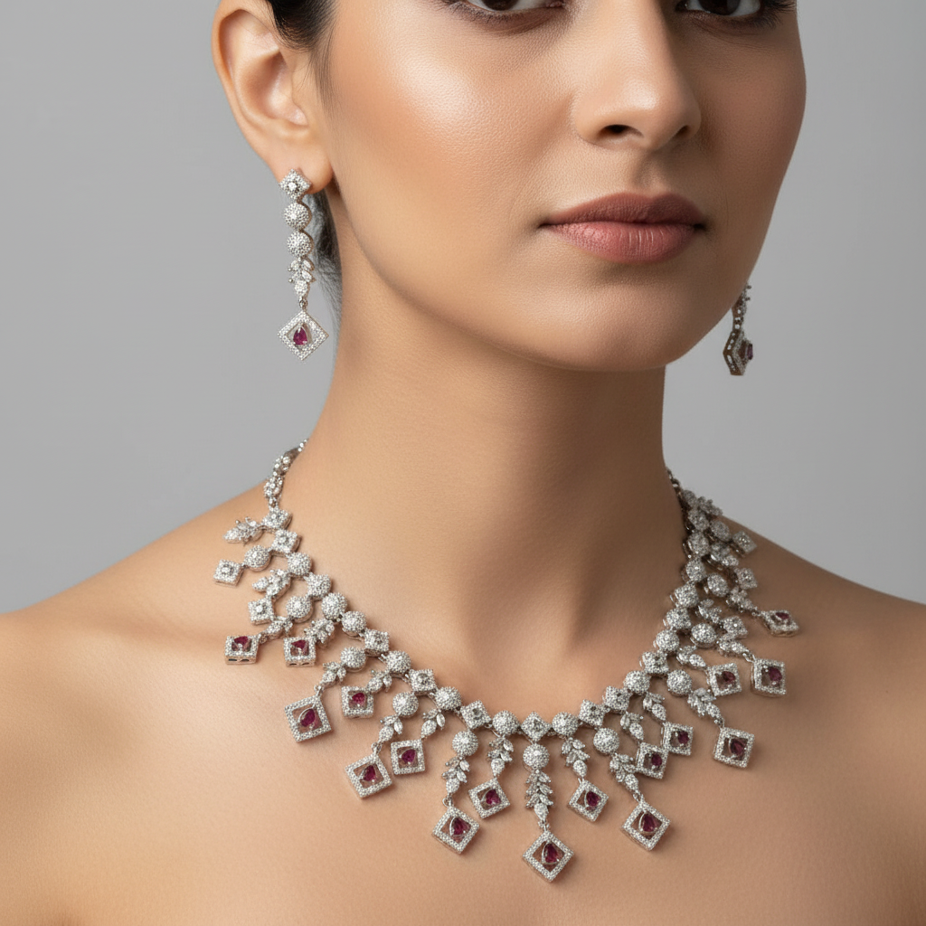 Celeste Ruby Rhapsody American Diamond Necklace Set – Just A Girl