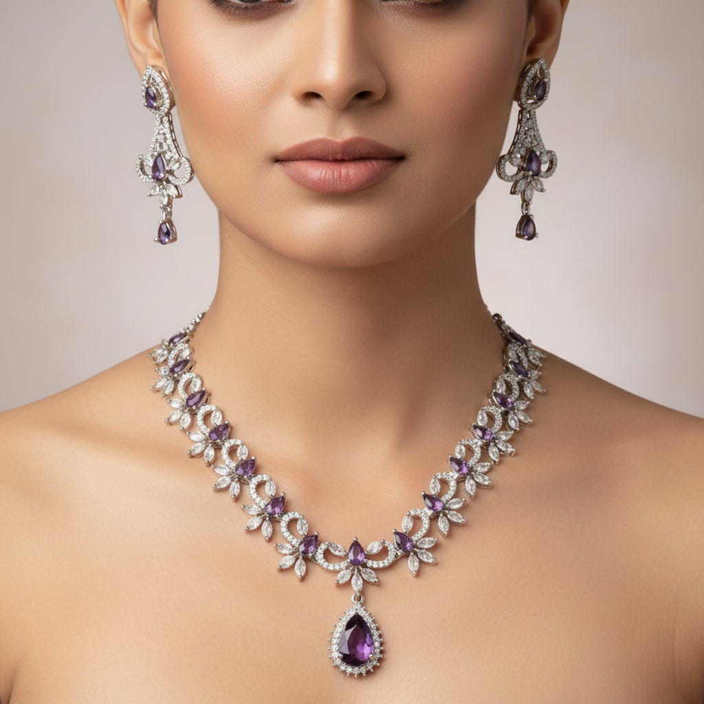 Celeste Amethyst Muse American Diamond Necklace Set – Just A Girl