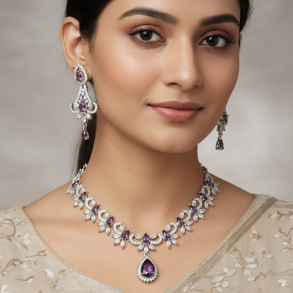 Celeste Amethyst Muse American Diamond Necklace Set – Just A Girl