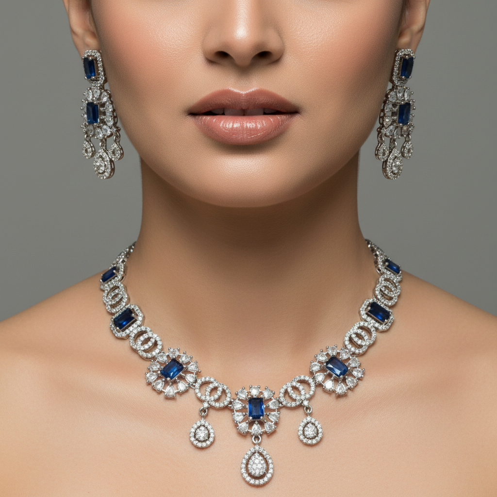 Celeste Sapphire Gala American Diamond Necklace Set – Just A Girl