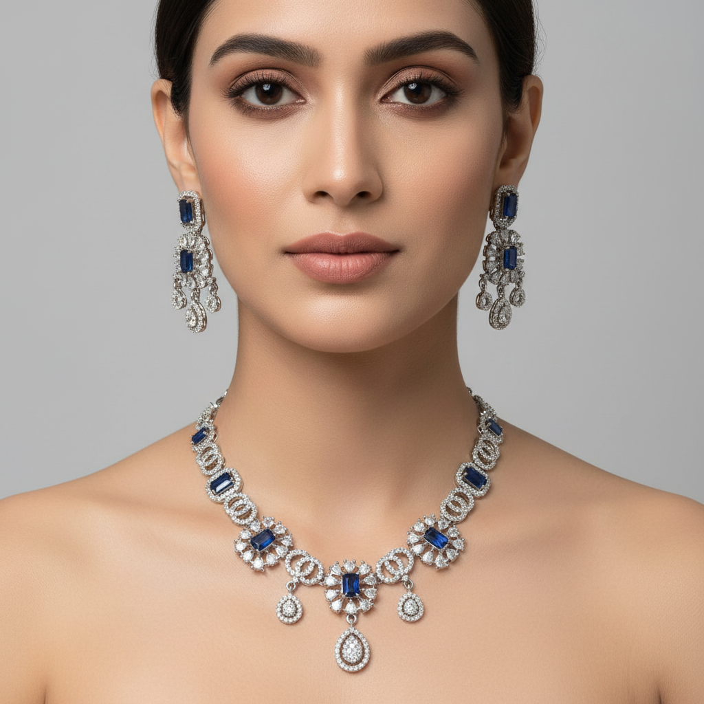 Celeste Sapphire Gala American Diamond Necklace Set – Just A Girl