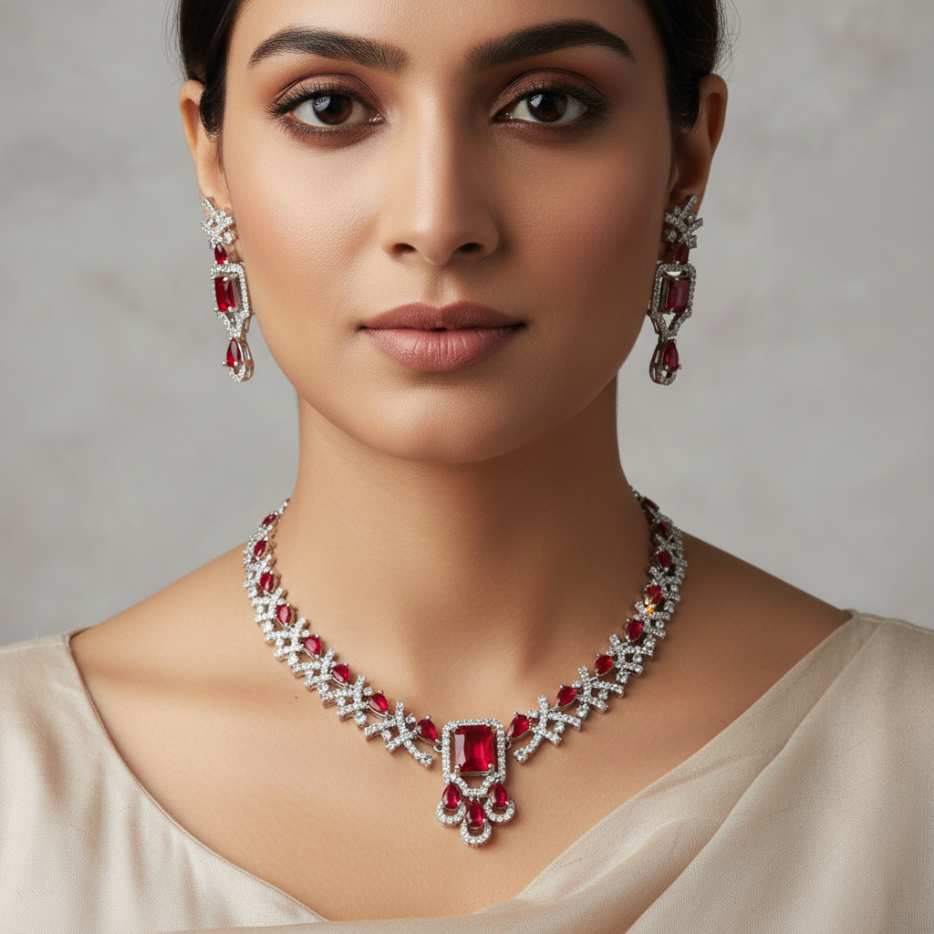 Celeste Ruby Blaze American Diamond Necklace Set – Just A Girl