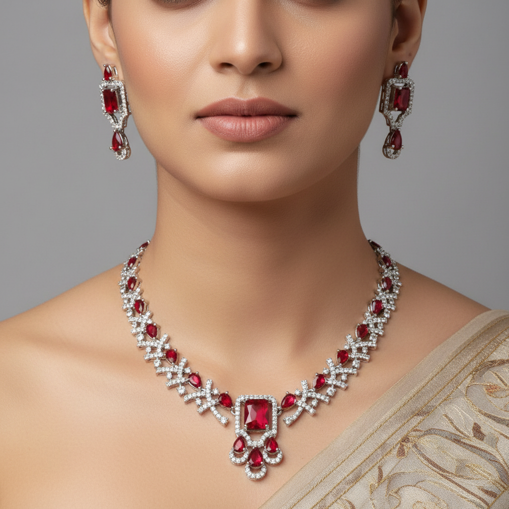 Celeste Ruby Blaze American Diamond Necklace Set – Just A Girl