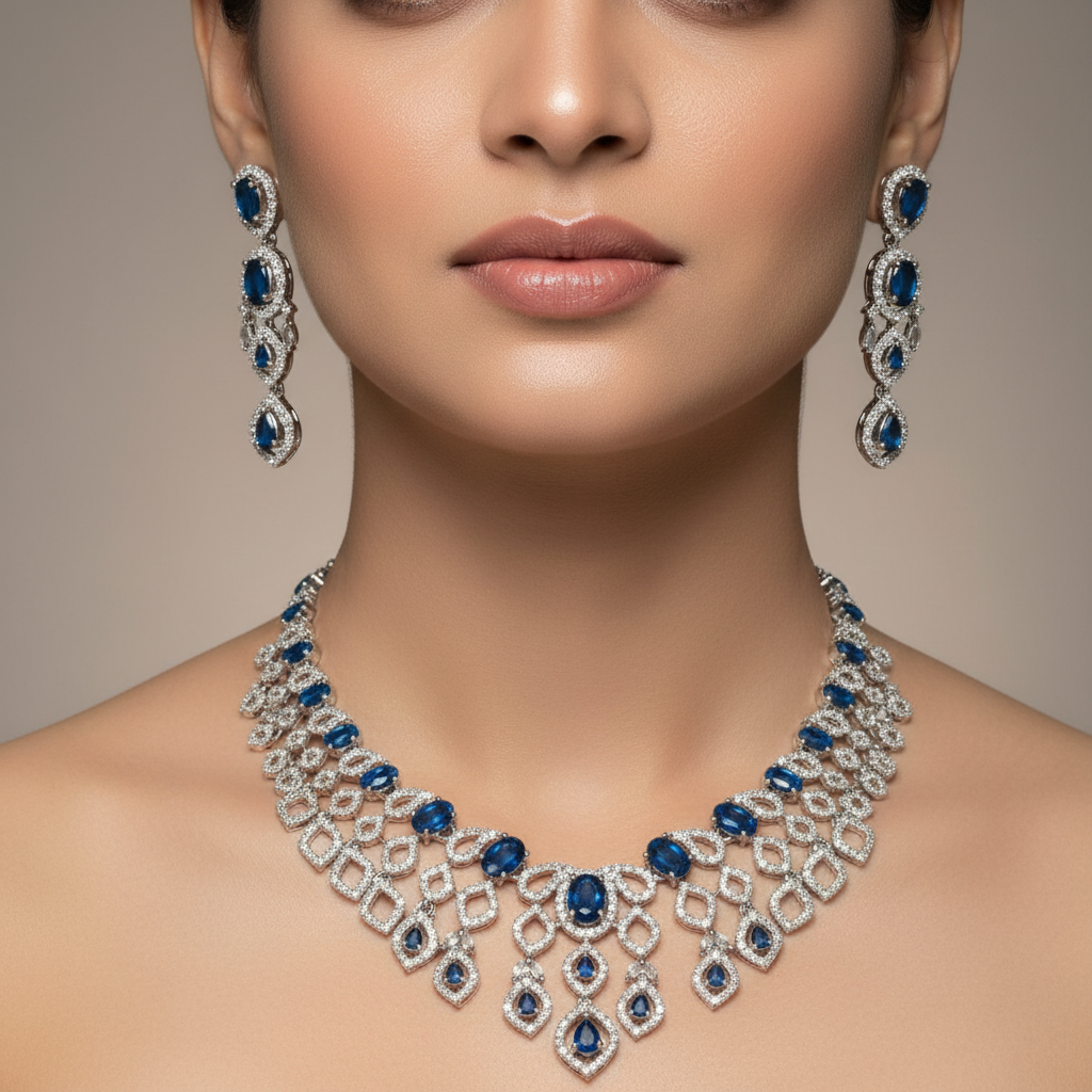 Celeste Sapphire Cascade American Diamond Necklace Set – Just A Girl