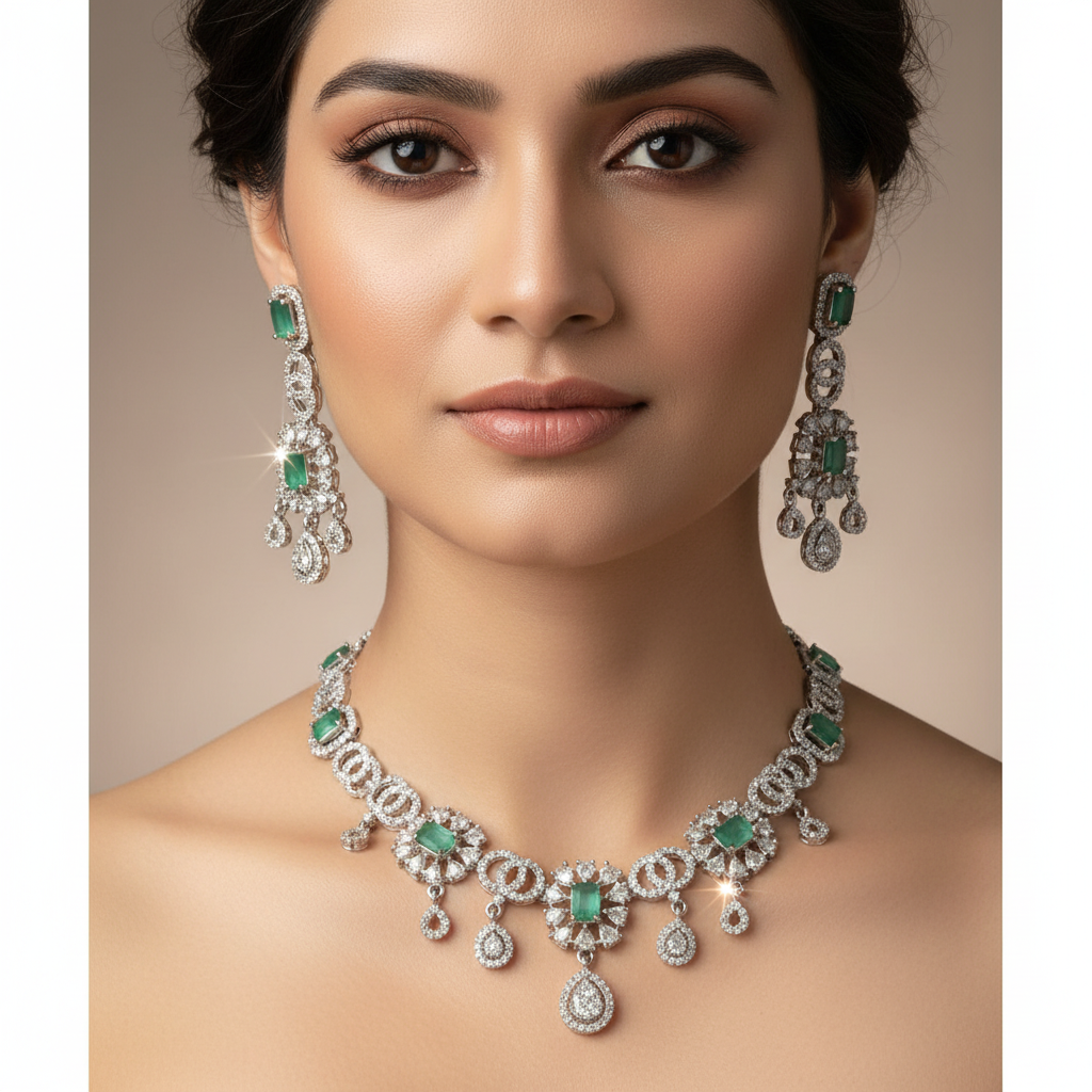 Celeste Emerald Soirée American Diamond Necklace Set – Just A Girl