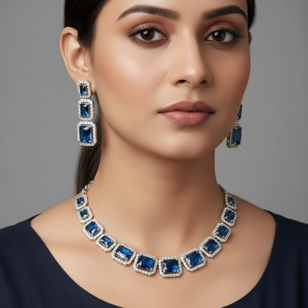 Celeste Sapphire Royale American Diamond Necklace Set – Just A Girl