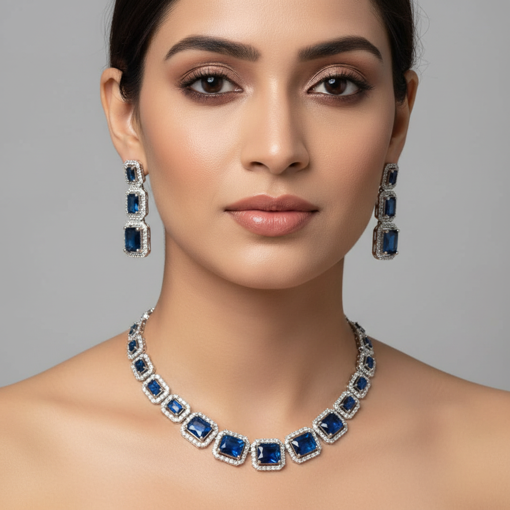 Celeste Sapphire Royale American Diamond Necklace Set – Just A Girl