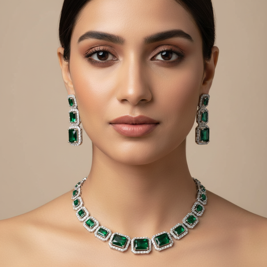 Celeste Emerald Royale American Diamond Necklace Set – Just A Girl