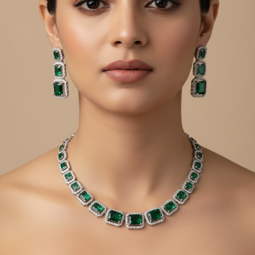 Celeste Emerald Royale American Diamond Necklace Set – Just A Girl