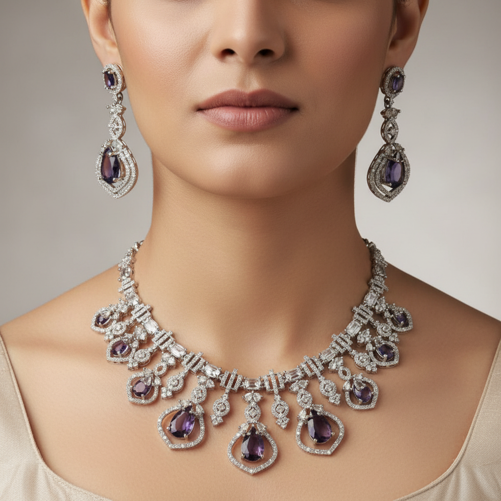 Celeste Amethyst Royale American Diamond Necklace Set – Just A Girl