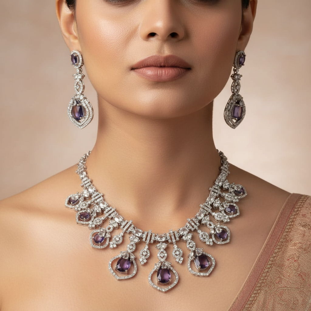 Celeste Amethyst Royale American Diamond Necklace Set – Just A Girl