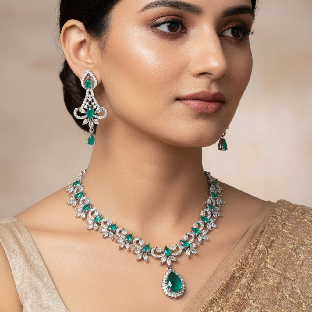 Celeste Emerald Bloom American Diamond Necklace Set – Just A Girl