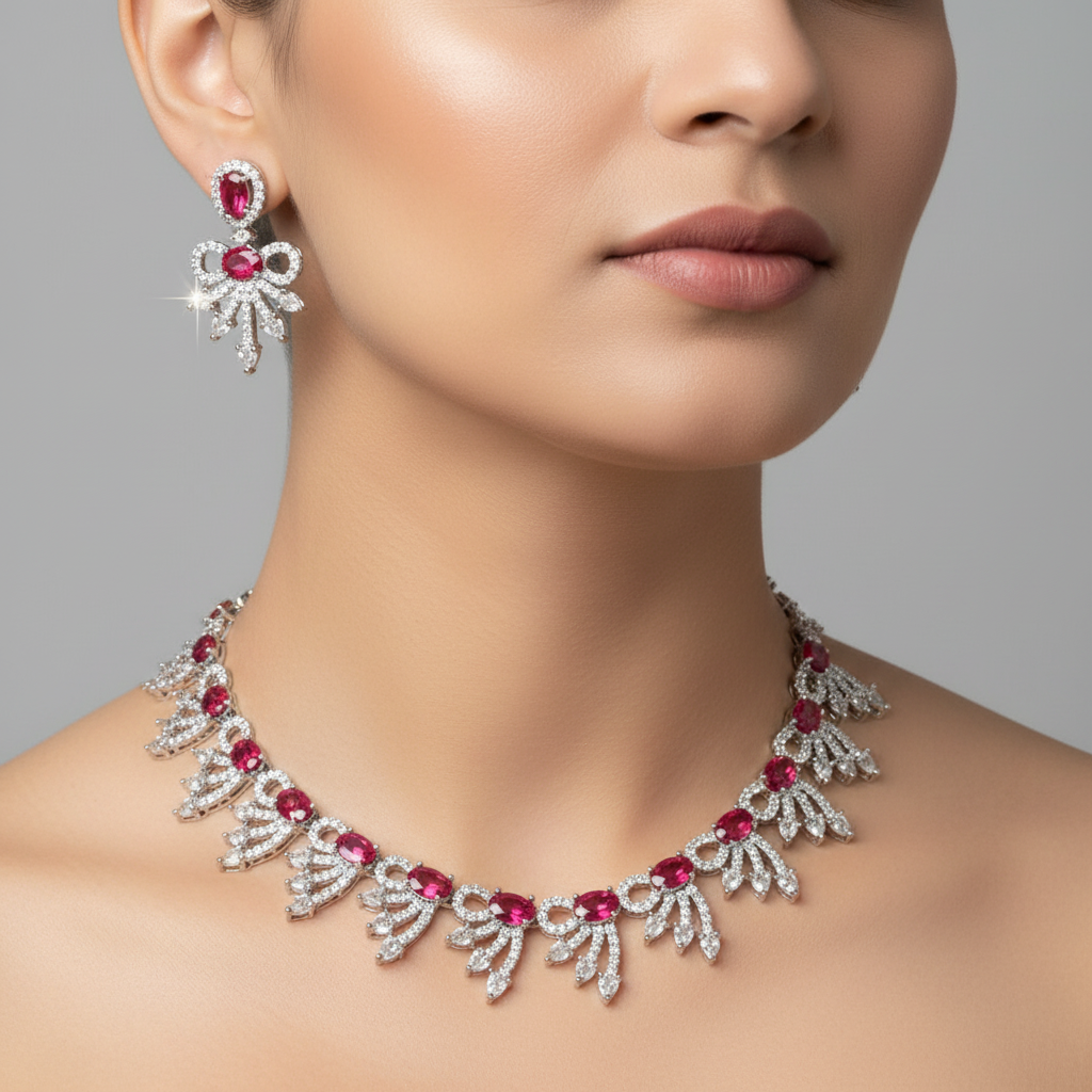 Celeste Ruby Flutter American Diamond Necklace Set – Just A Girl