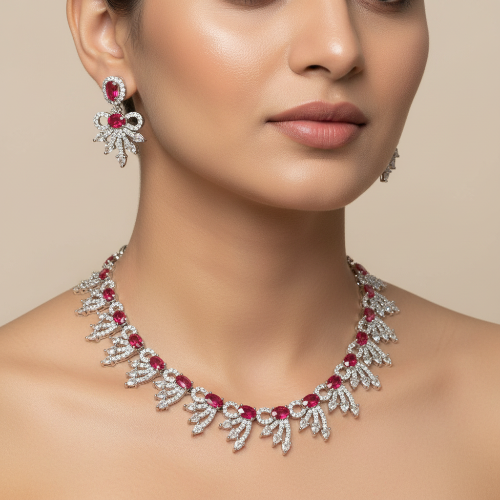 Celeste Ruby Flutter American Diamond Necklace Set – Just A Girl