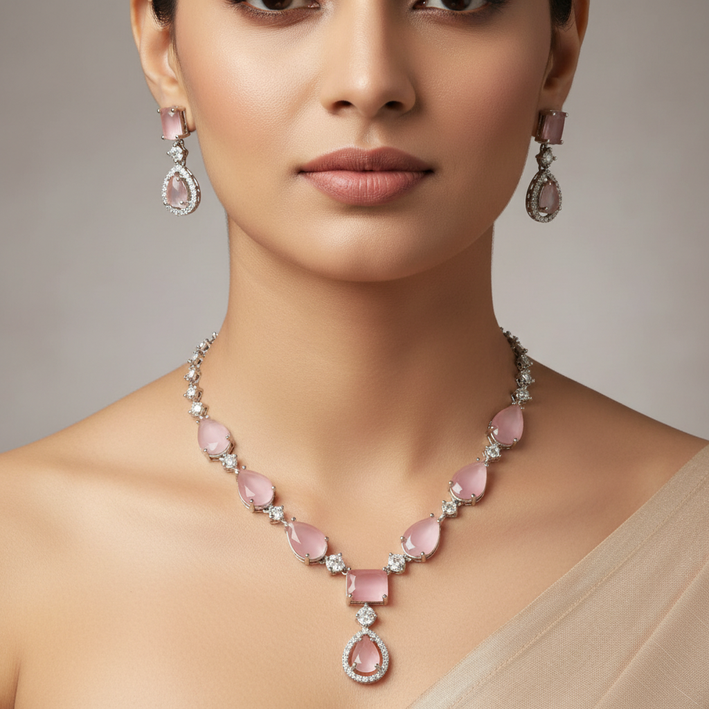 Celeste Blush Glow American Diamond Necklace Set – Just A Girl