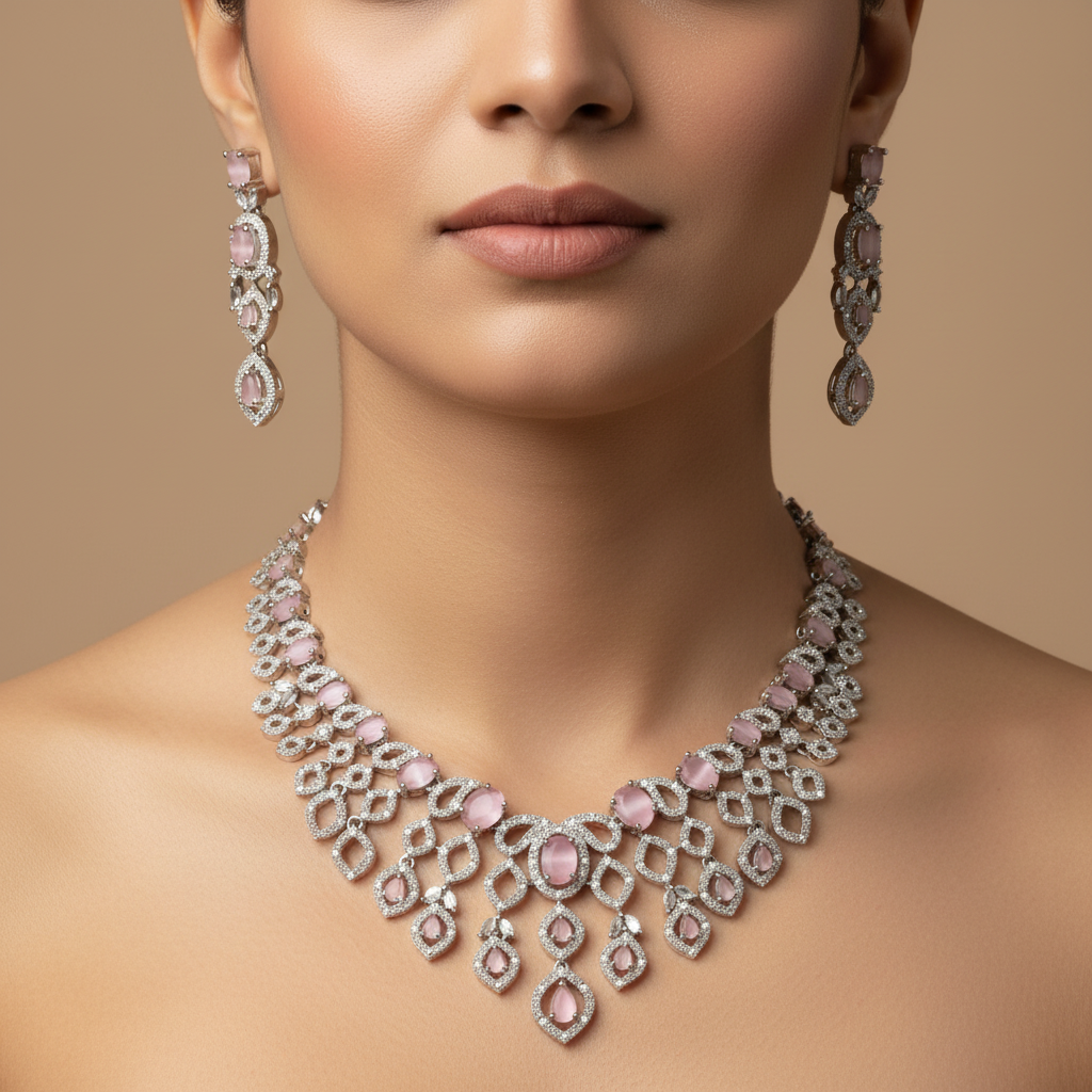 Celeste Blush Lace American Diamond Necklace Set – Just A Girl