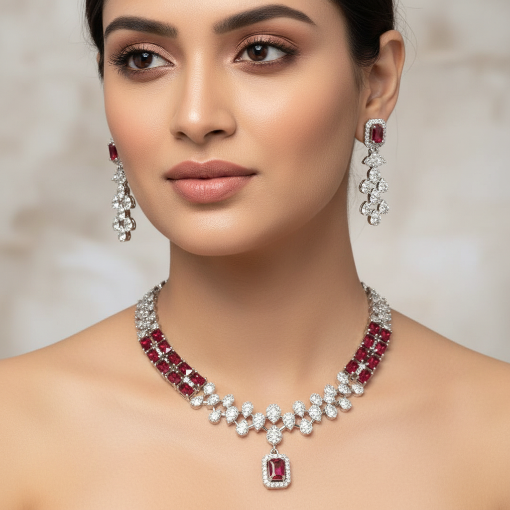 Celeste Ruby Luxe American Diamond Necklace Set – Just A Girl