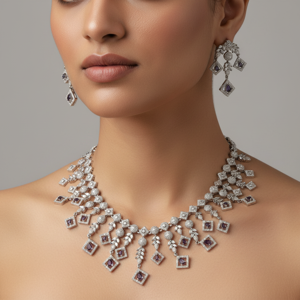 Celeste Amethyst Drape American Diamond Necklace Set – Just A Girl